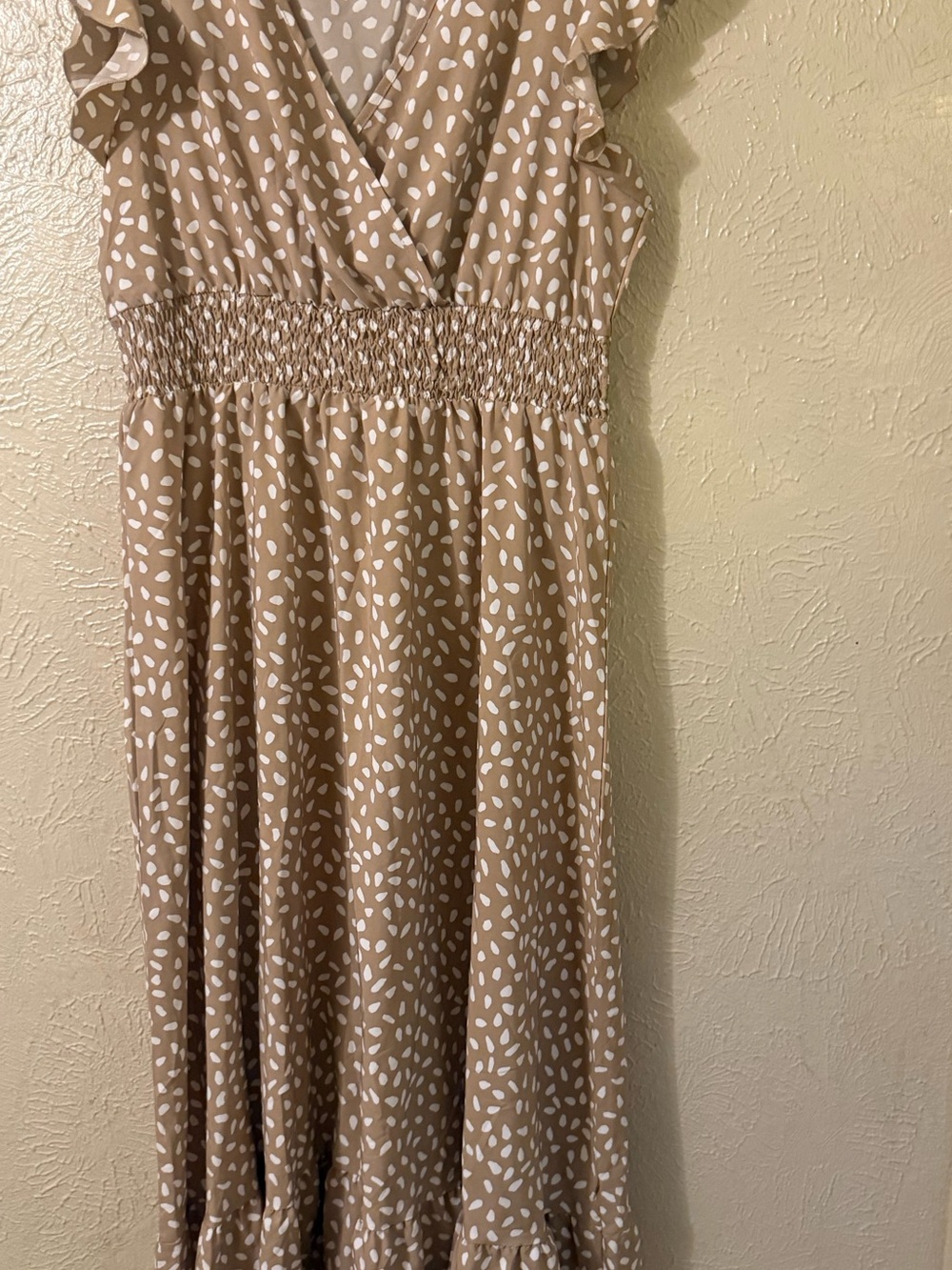 Charming Brown & White Polka Dot Midi Dress with Ruffle Hem XL